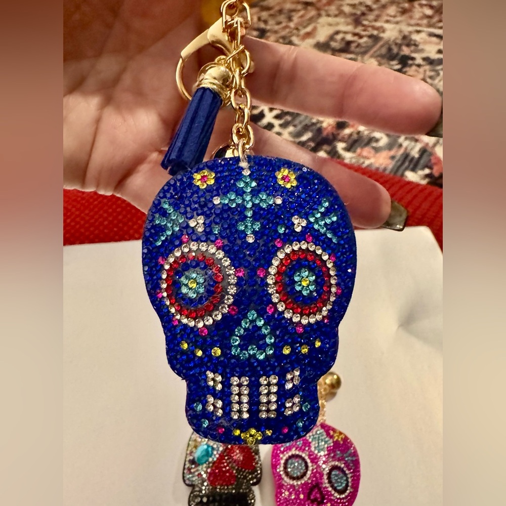 SUGAR SKULL puffy rhinestone multicolored key chain with gold bead & tassel New